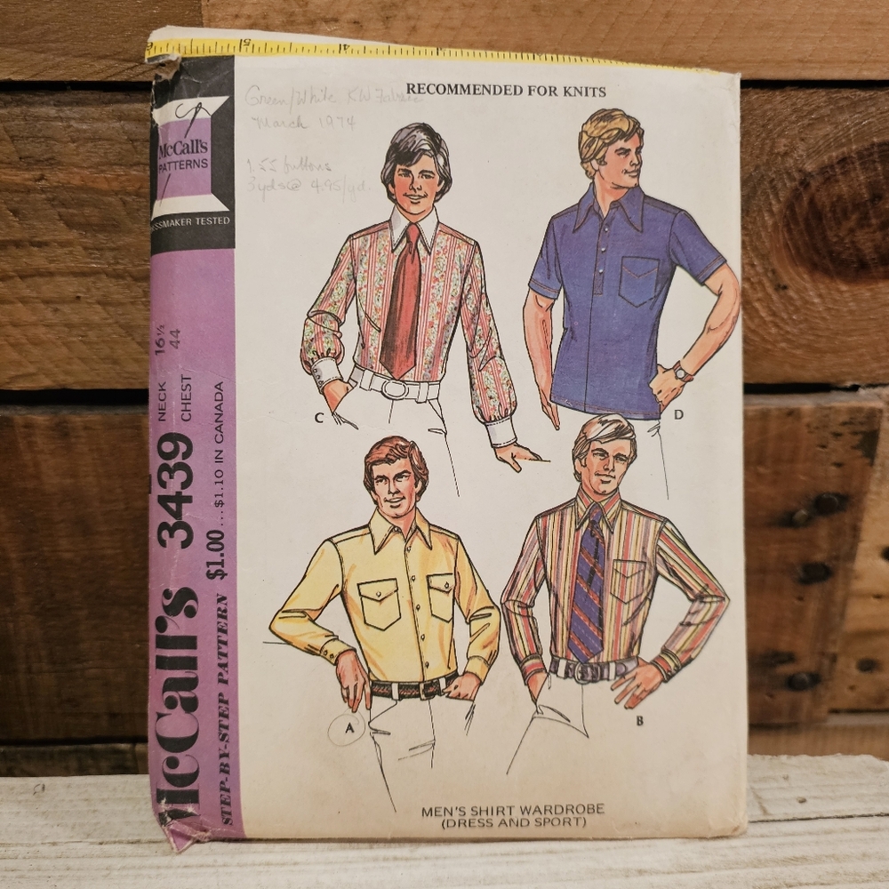 Vintage '72 McCall's Pattern #3439 Men's Shirt Size Neck 16-1/2 Chest 44